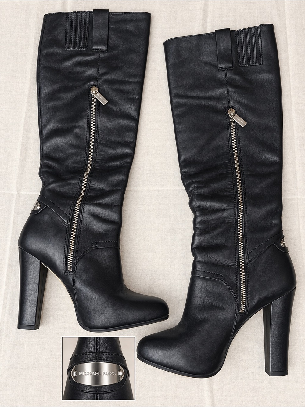 Michael Kors Black Leather Knee-High Heeled Boots with Side Zipper